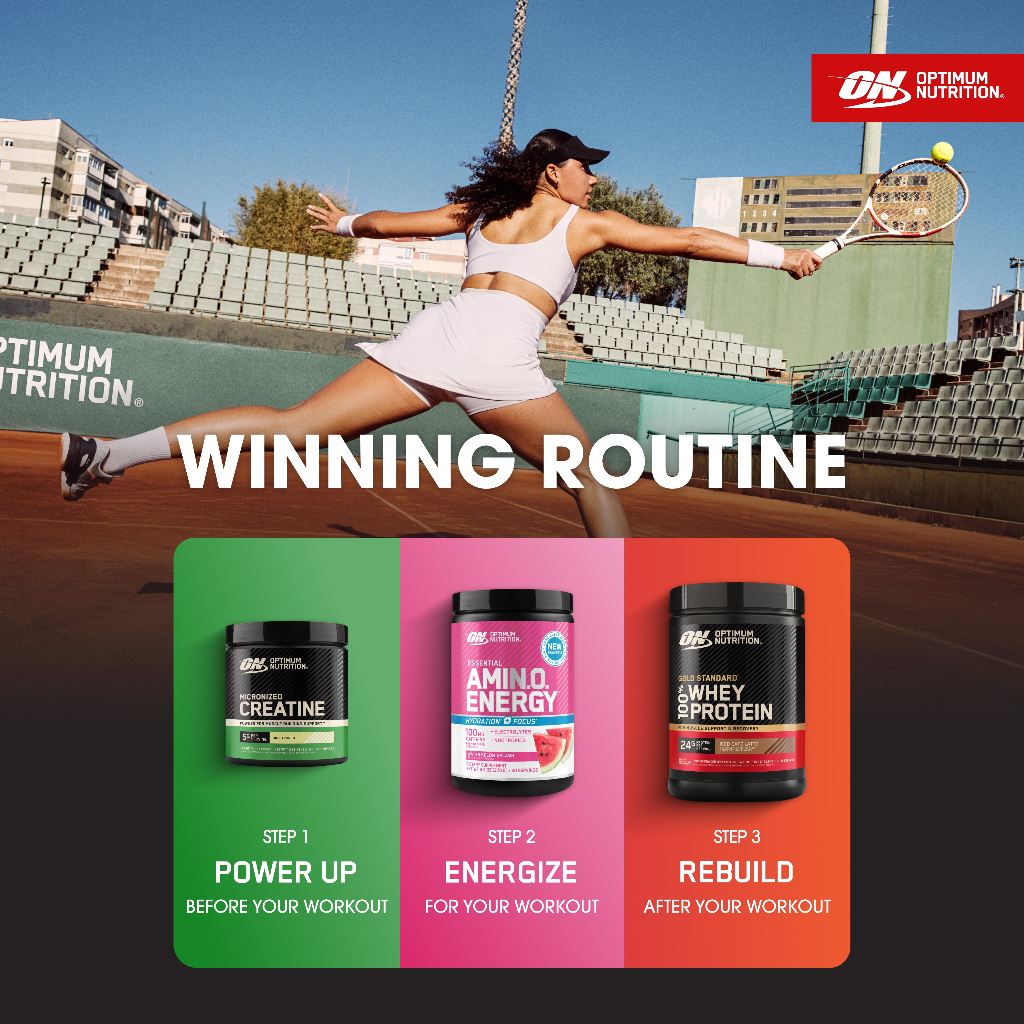 Woman playing tennis on a court with Optimum Nutrition supplements displayed below.