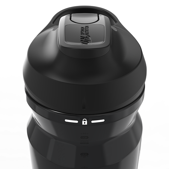 Black shaker bottle with a locking twist cap
