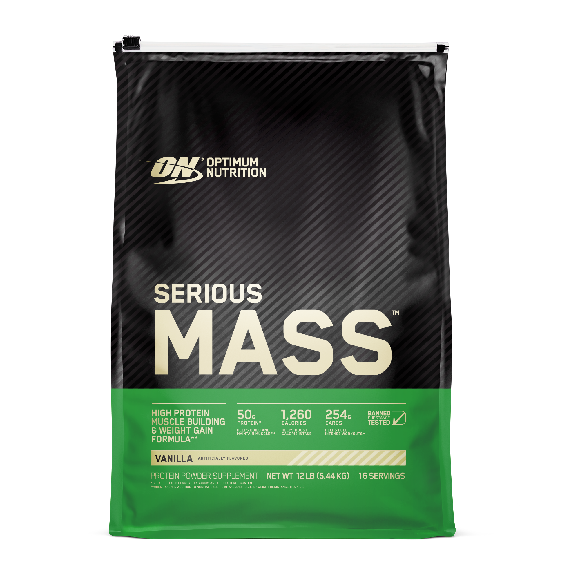 Optimum Nutrition Serious Mass supports , weight gain, muscle building, Vanilla flavor, 50g protein per serving