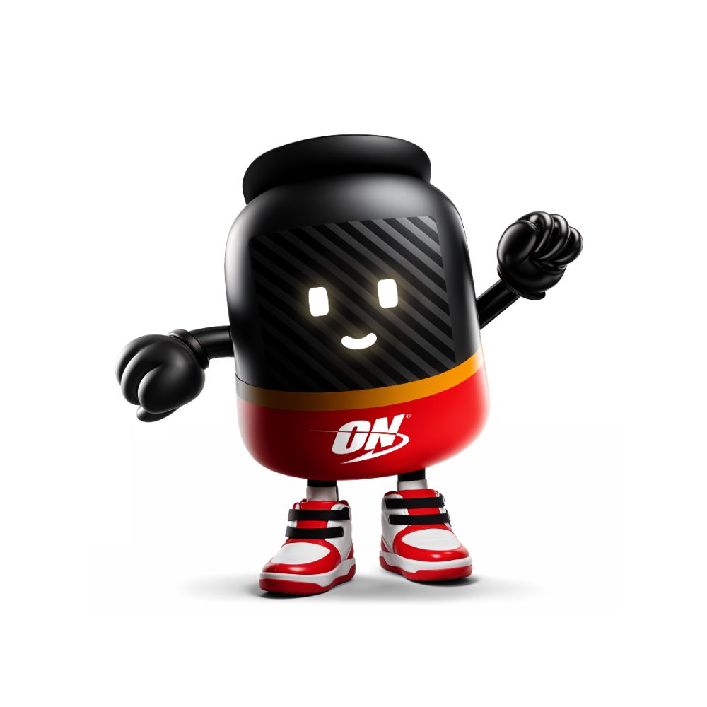 Optimum Nutrition mascot character resembling a supplement bottle with arms and legs, wearing red shoes
