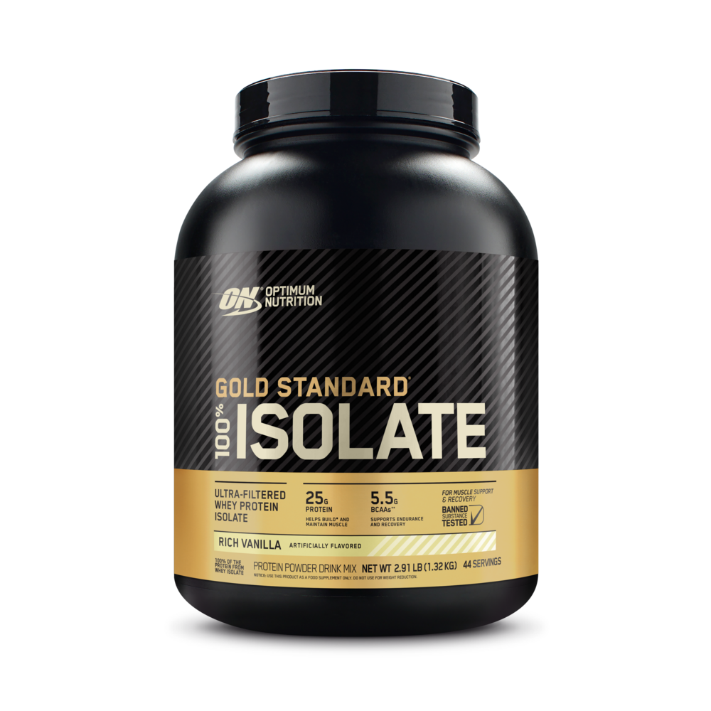 Optimum Nutrition Gold Standard 100% Isolate, 2.91 lb container, Rich Vanilla flavor, whey protein isolate powder