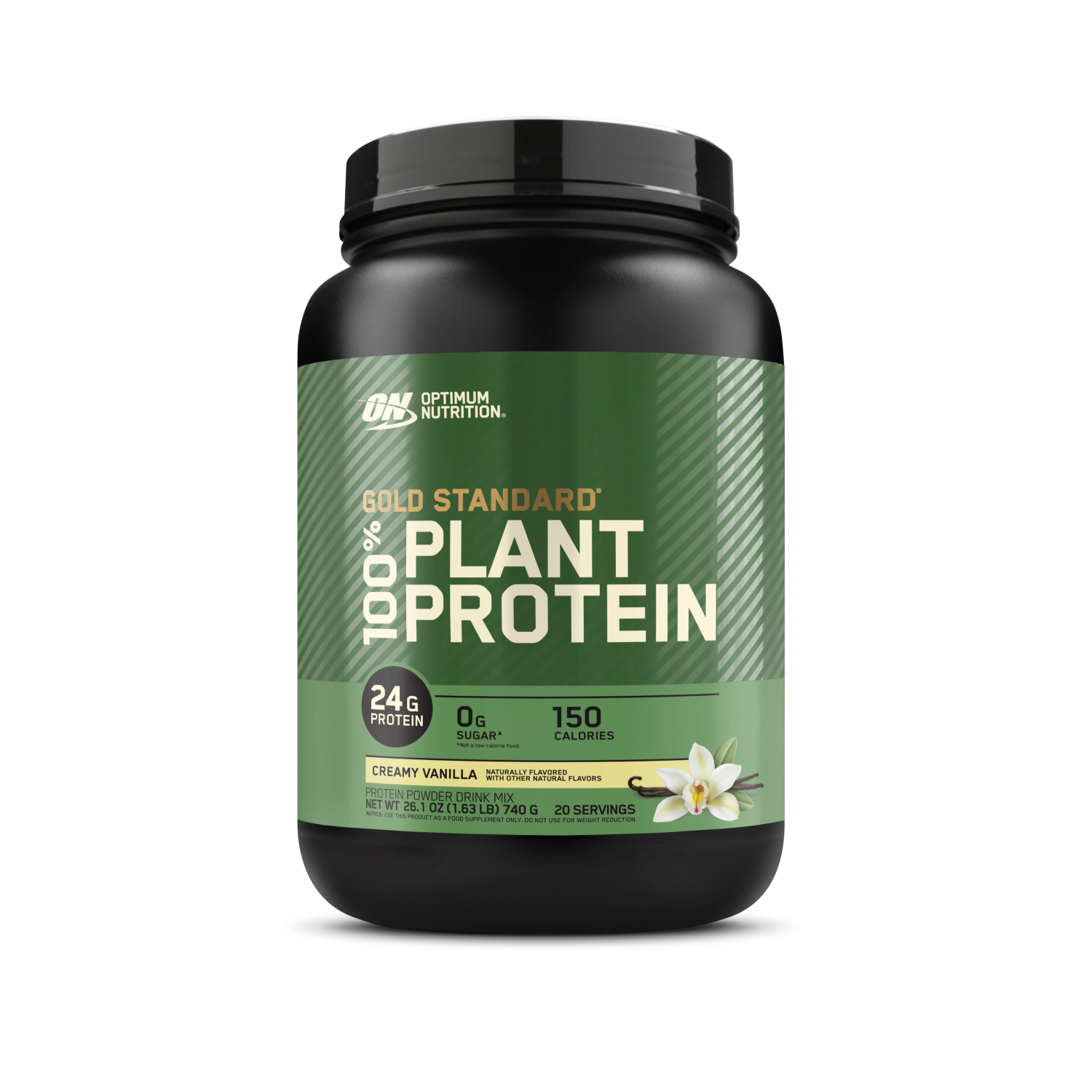 Optimum Nutrition Gold Standard 100% Plant Protein, creamy vanilla flavor, 720g container, 24g protein per serving