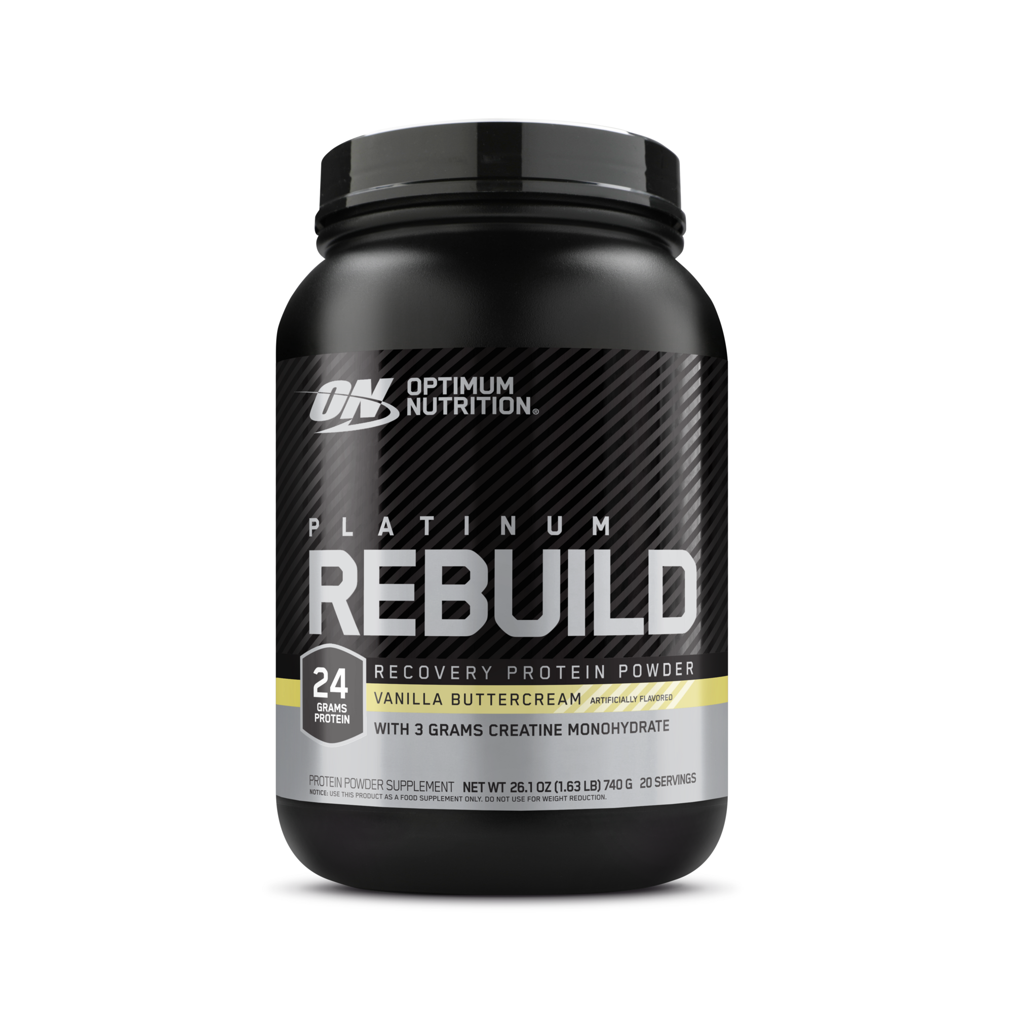 Optimum Nutrition Platinum Rebuild, 26.8 oz container, recovery protein powder with creatine monohydrate, Vanilla Buttercream flavor, 24g protein per serving