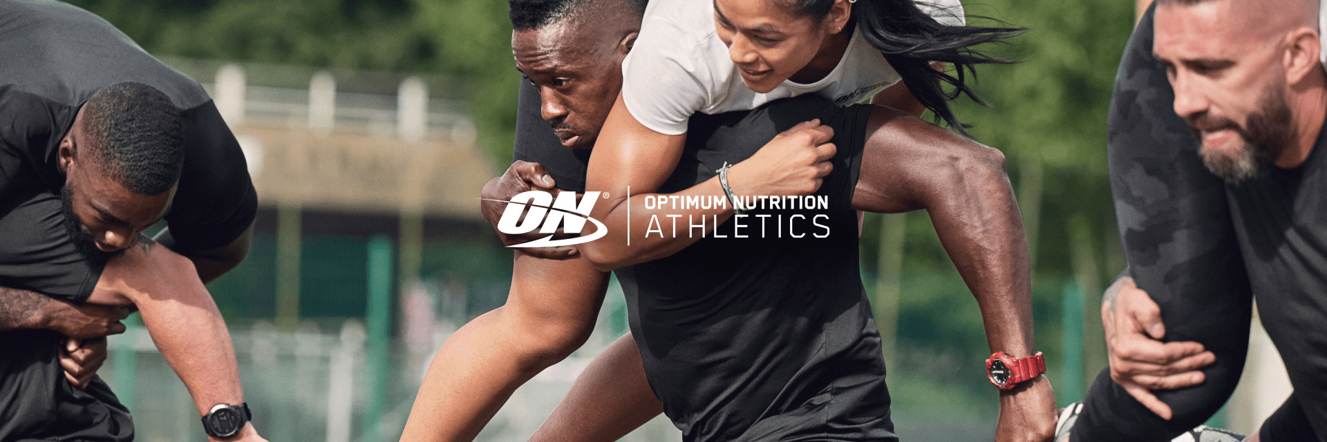 Optimum Nutrition Athletics logo with people engaging in outdoor physical activities, promoting fitness and exercise
