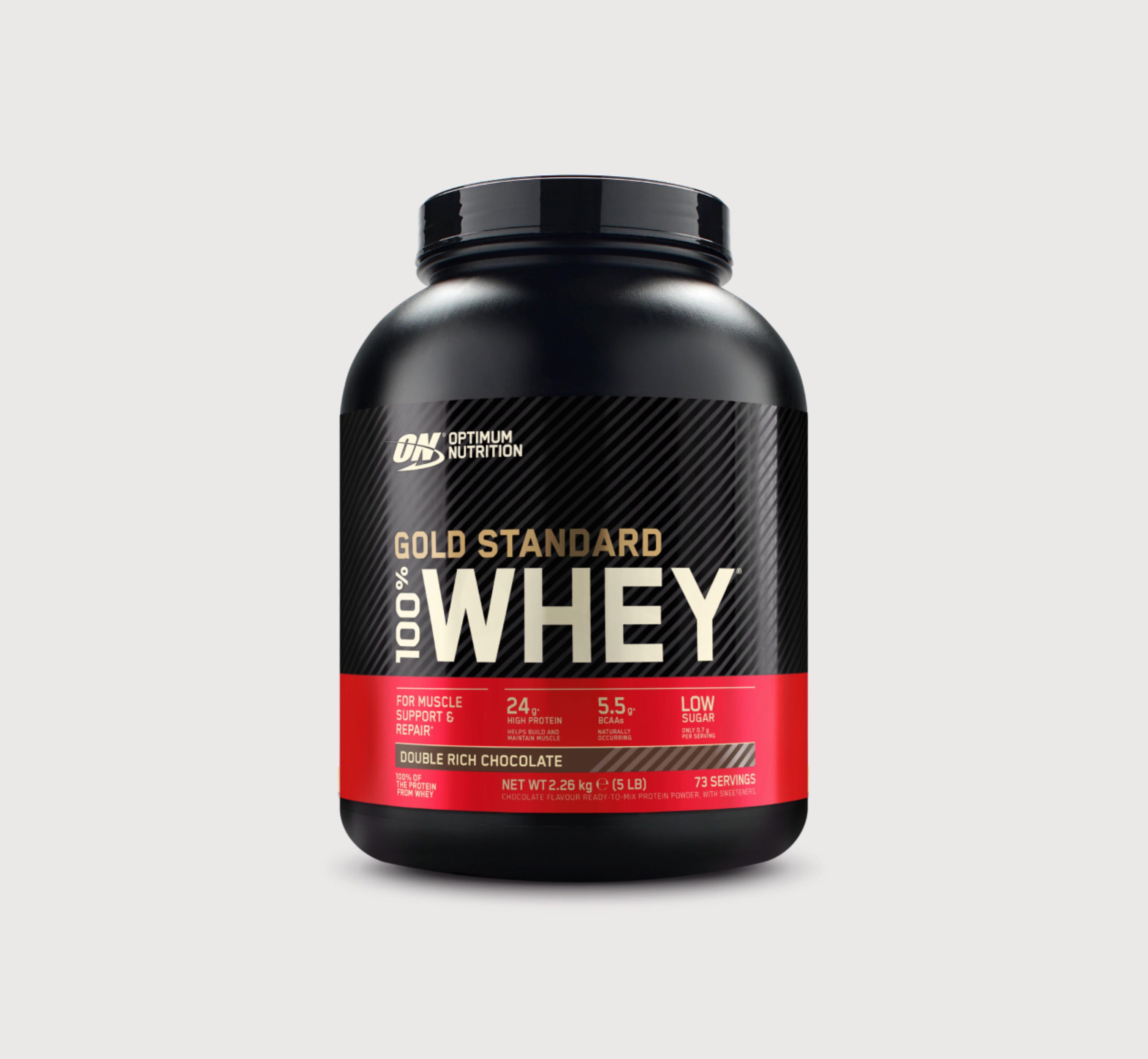 Optimum Nutrition Gold Standard 100% Whey protein powder, 2.26 kg container, Double Rich Chocolate flavor