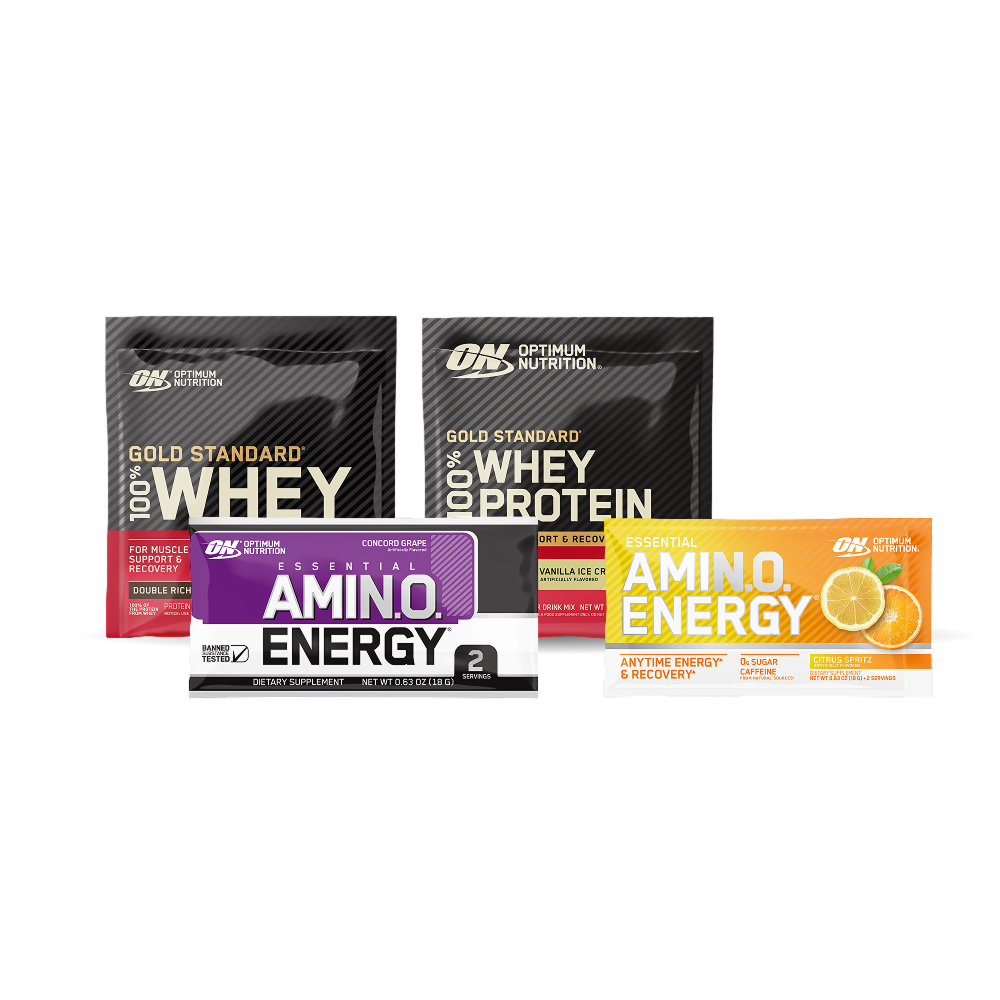 Four packages of Optimum Nutrition Gold Standard 100% Whey Protein and AMINO energy.