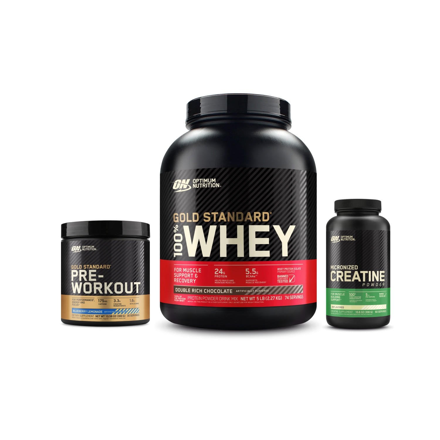 Optimum Nutrition Gold Standard 100% Whey protein powder, Gold Standard Pre-Workout, and Micronized Creatine Powder containers