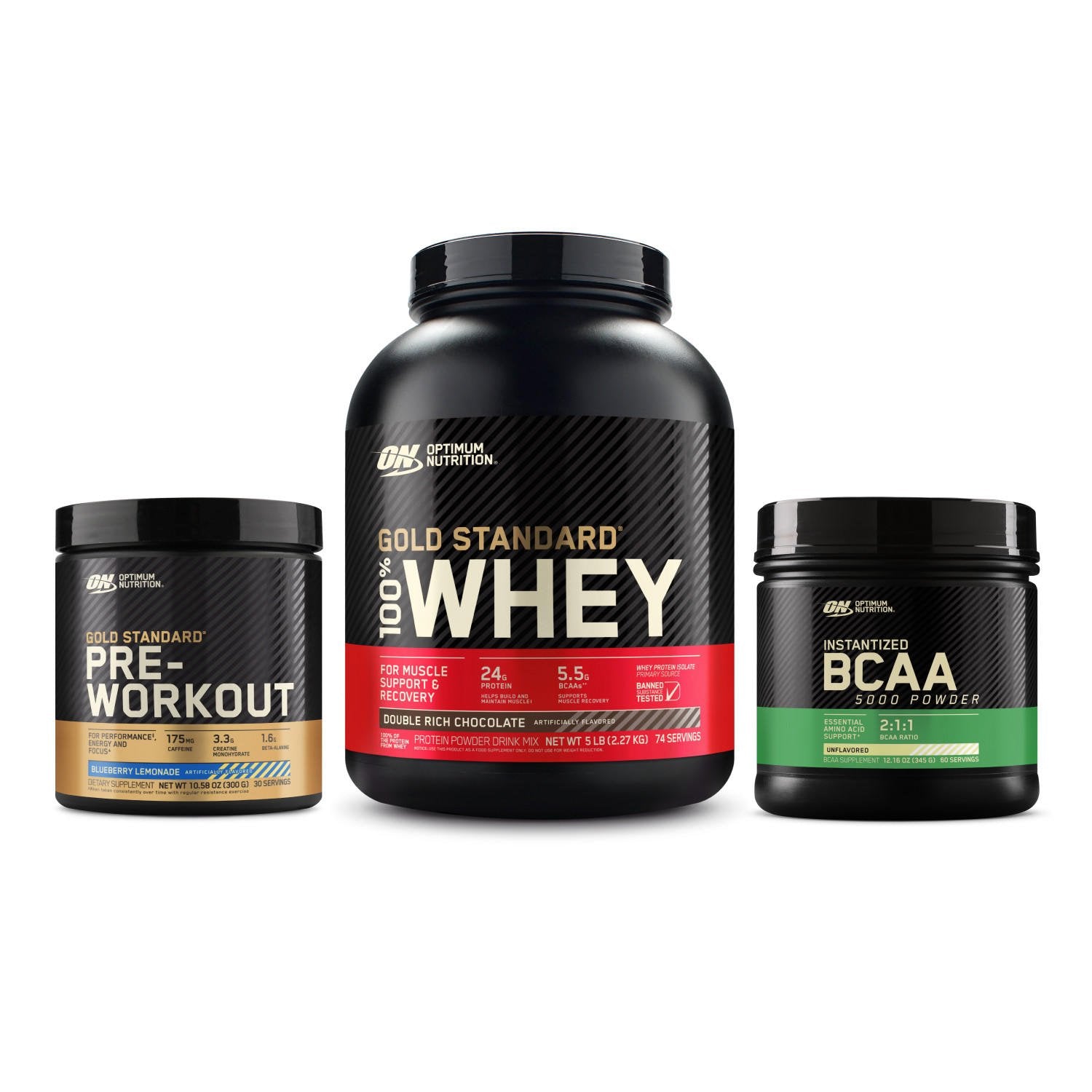 Optimum Nutrition Gold Standard 100% Whey protein powder, Gold Standard Pre-Workout supplement, and Instantized BCAA 5000 Powder