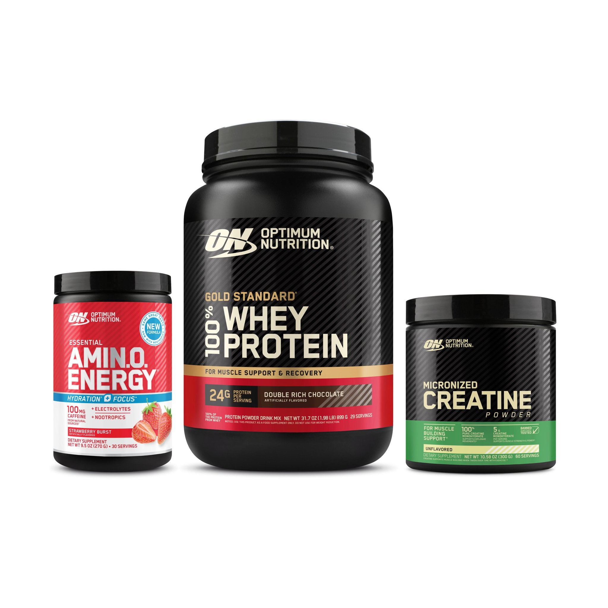 Optimum Nutrition supplement set with Gold Standard 100% Whey Protein, Amino Energy, and Micronized Creatine