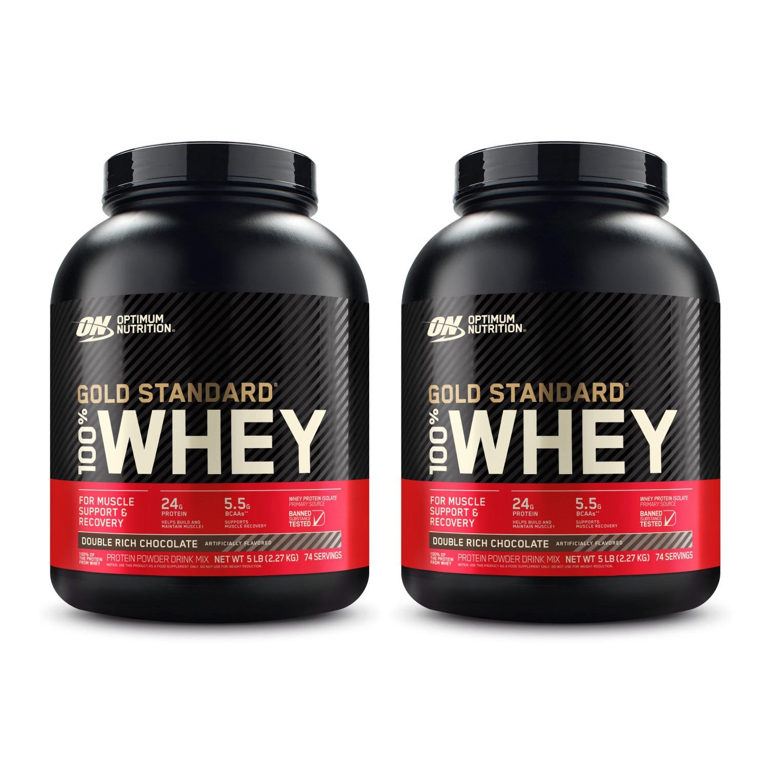 Optimum Nutrition Gold Standard 100% Whey Protein, Double Rich Chocolate, 2.73 kg containers, for muscle support and recovery