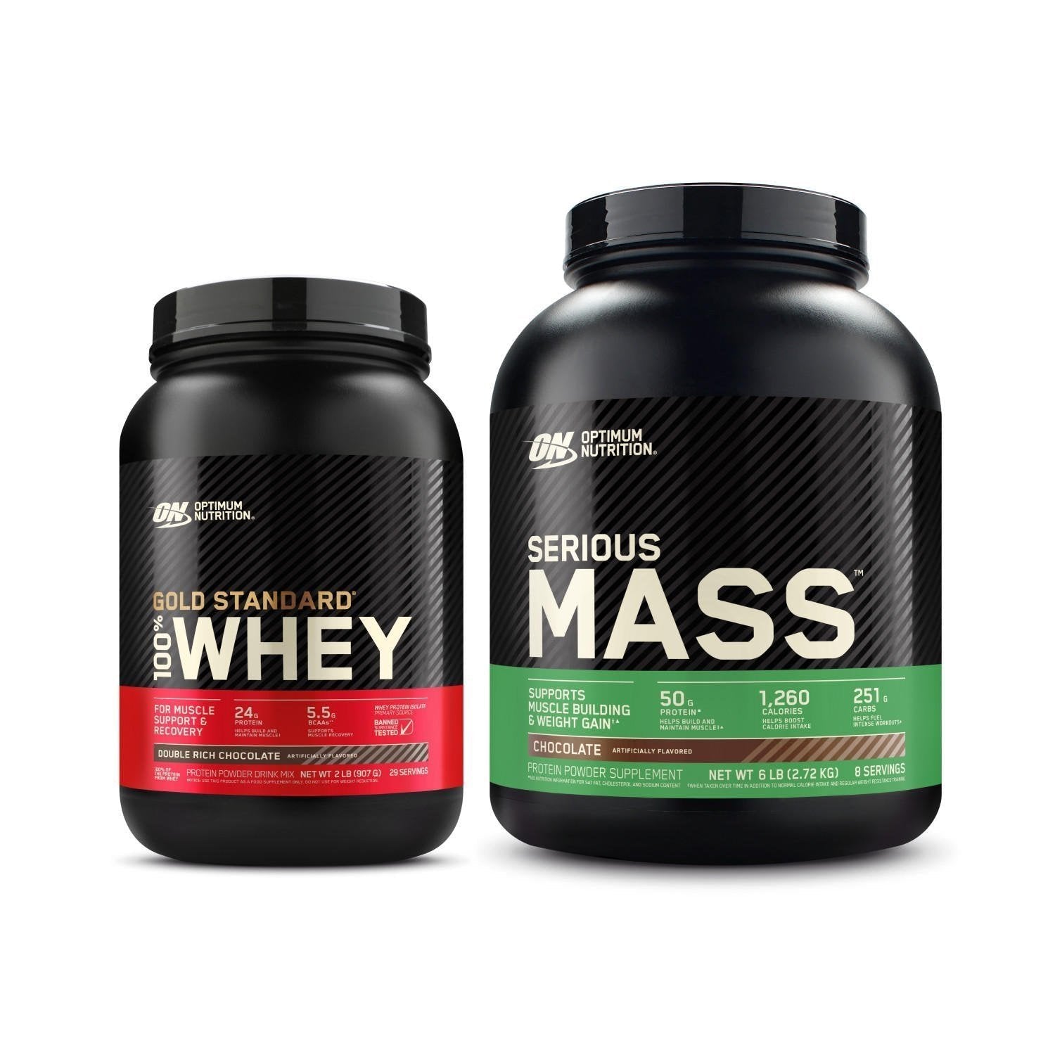 Optimum Nutrition Gold Standard 100% Whey Protein, 2.73 kg, and Serious Mass Weight Gainer, 2.73 kg, for muscle building and post-workout nu